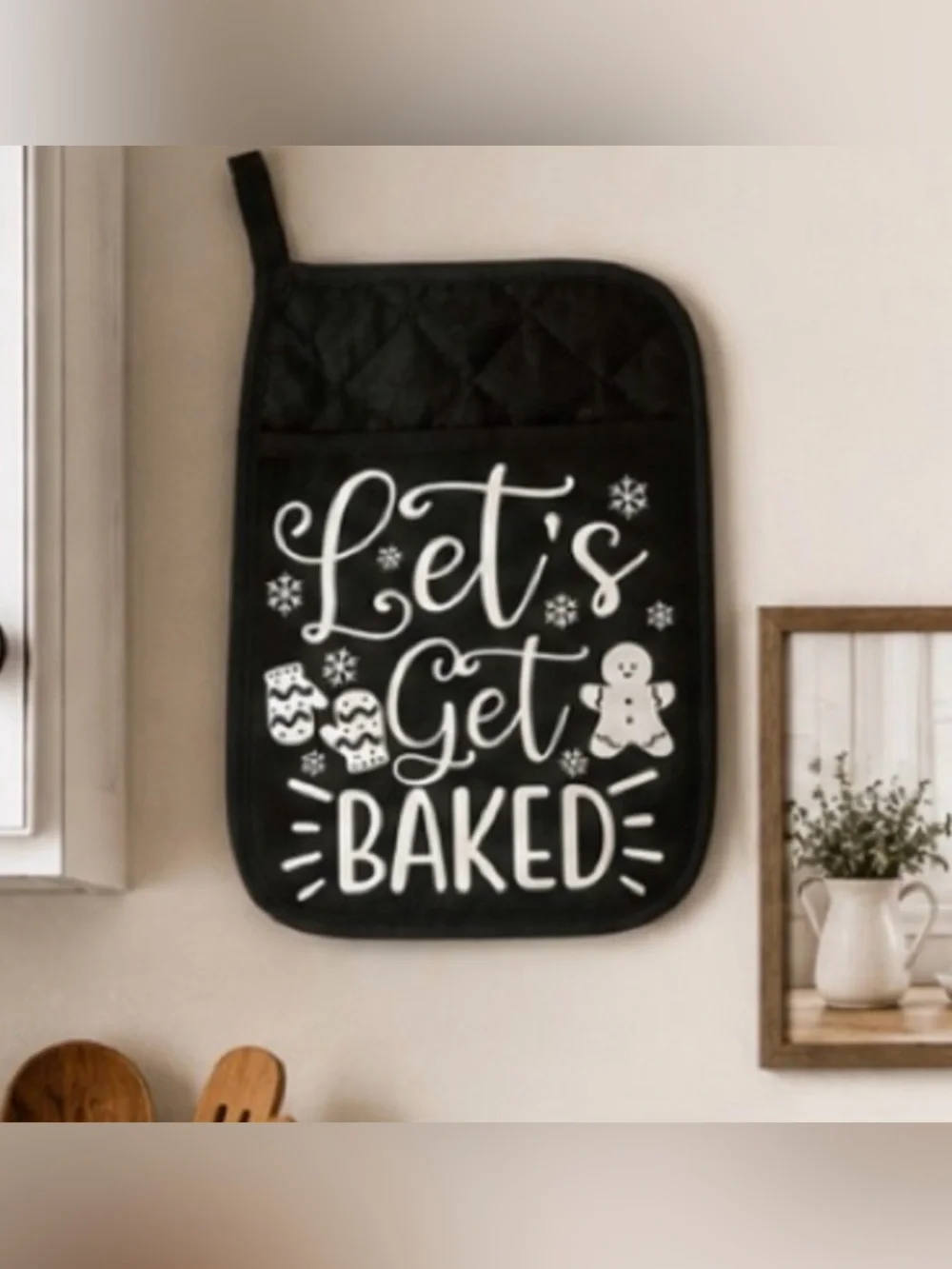 Festive Holiday Kitchen Pot Holder - Black with White Letters -Set of 2